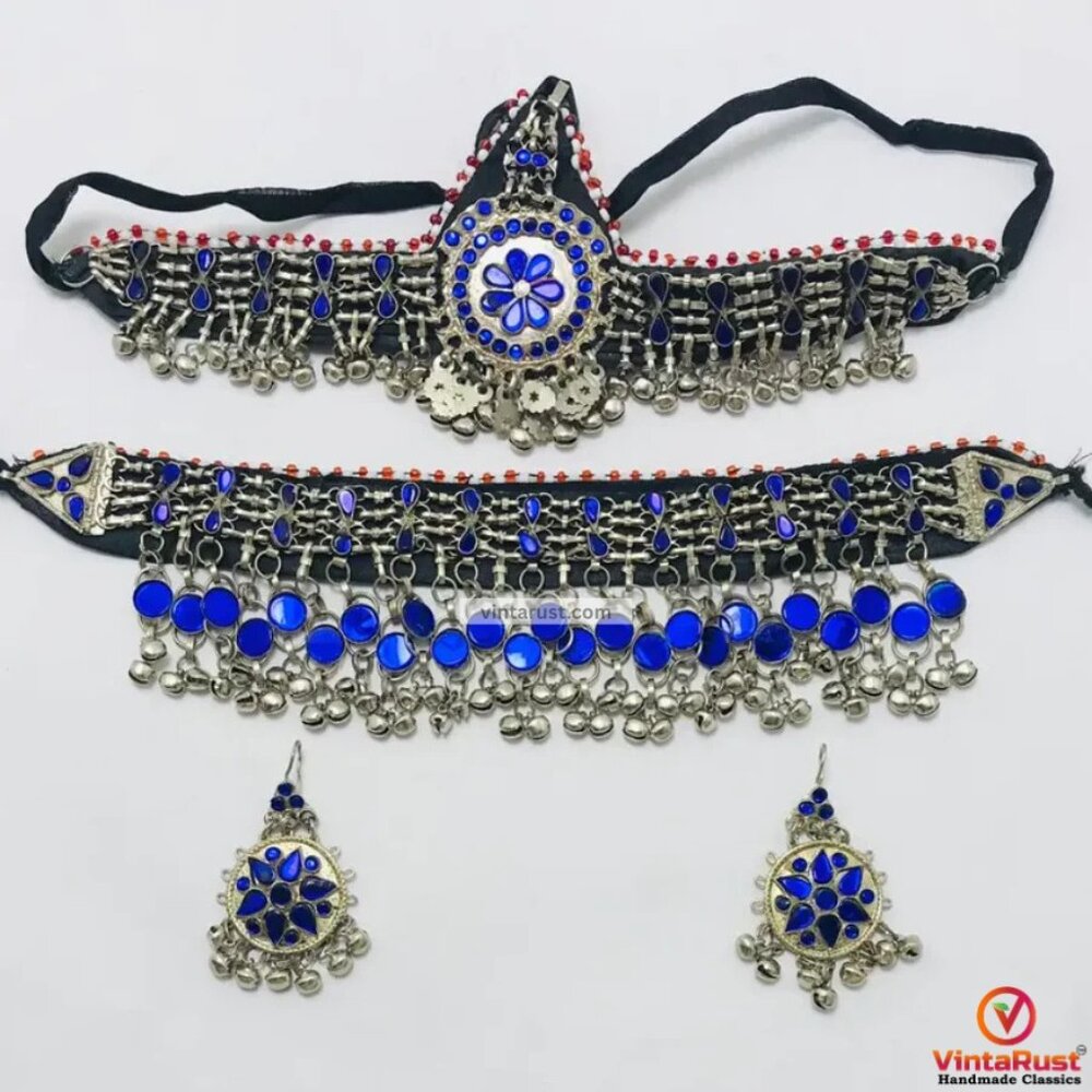 Afghan Kuchi Jewelry Set: Blue Glass Stone Necklace, Earrings & Matha Patti